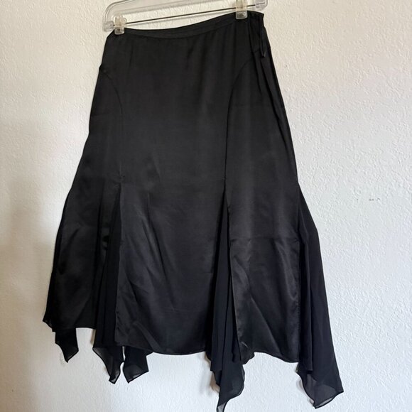 Black Silk Handkerchief Hem Midi Skirt Sheer Panels Witchy Whimsy Goth - Picture 7 of 12